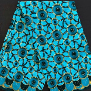 African print fabric, gold glitter print fabric, turquoise circles print Ankara fabric, dressmaking ceremonial African fabric by the yard