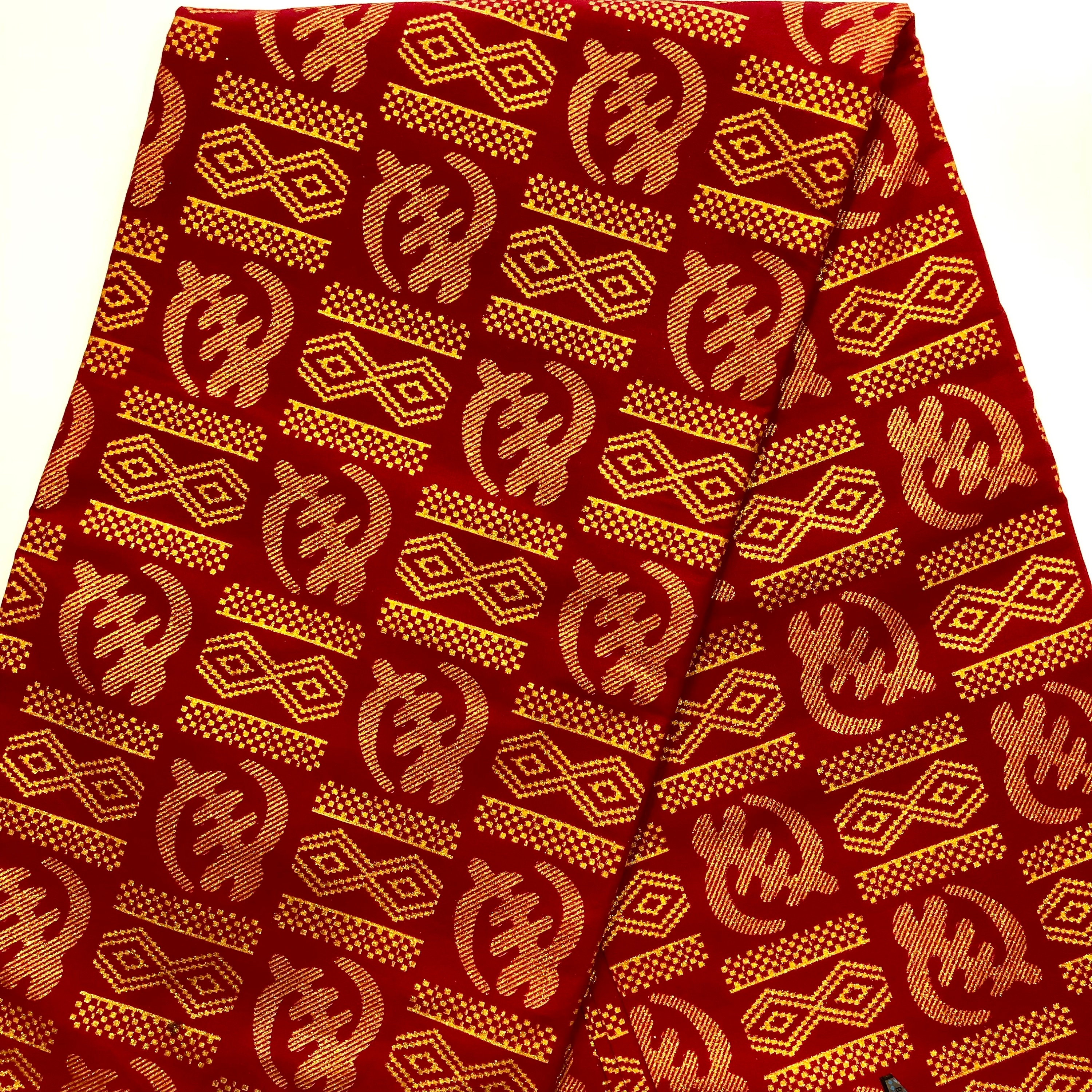 African print fabric, gold glitter Ankara fabric, damask print, face mask fabric, Red gold adinkra inspired print fabric, By the yard