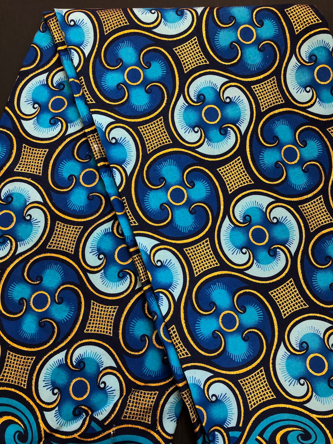 African Print Fabric, Royal Blue Gold Glitter Ankara Fabric, Scroll ...