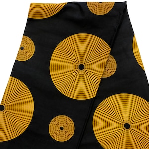 African print fabric, Black yellow circles print fabric, Ankara African fabric by the yard, Dressmaking quilting fabric