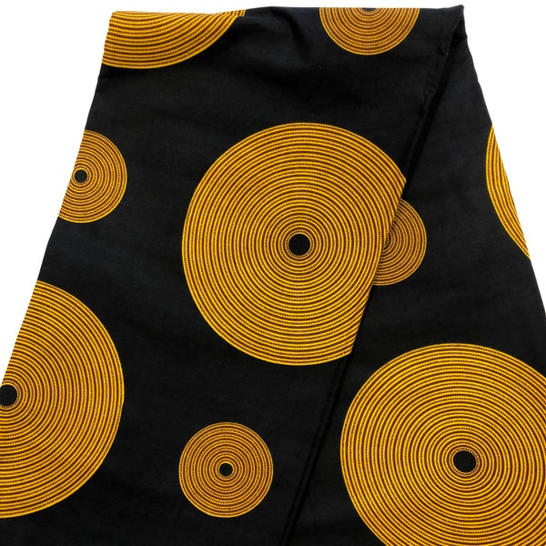 African print fabric, Black yellow circles print fabric, Ankara fabric, African fabric by the yard, face mask fabric