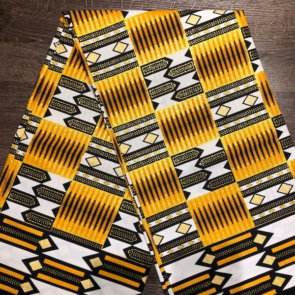 African print fabric, gold glitter Kente print fabric, Ankara fabric, yellow black print,  African fabric by the yard, face mask fabric