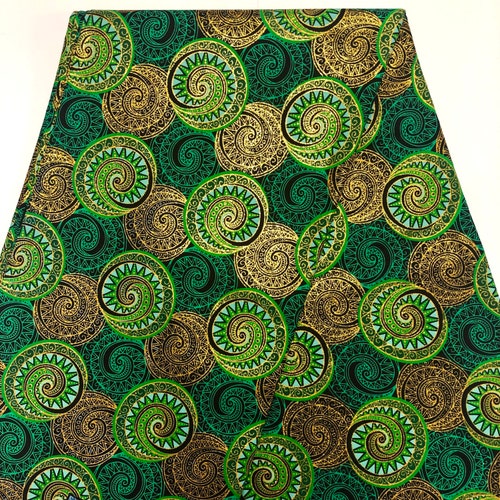 African Ankara print fabric by the yard, gold glitter Emerald print fabric, Black African wedding ceremony headwraps dressmaking fabric