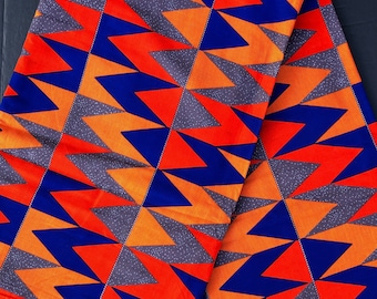 African Ankara Print Fabric by the Yard, Orange Blue Kente print Fabric , Bold African fabric for sewing, crafts, home decor, Quilting