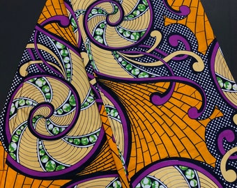 African print fabric, Ankara fabric, Metallic gold fabric, Purple orange ethnic asoebi fabric, African fabric by the yard, face mask fabric