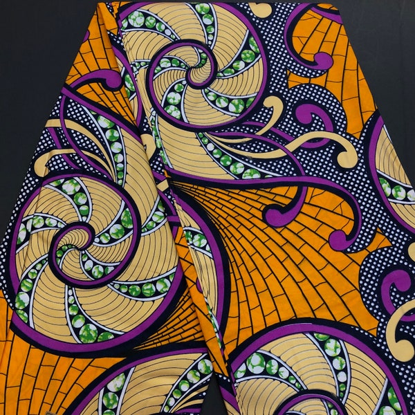 African print fabric, Ankara fabric, Metallic gold fabric, Purple orange ethnic fabric, African fabric by the yard, face mask fabric