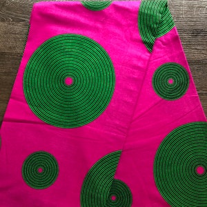 African print fabric, Pink green circles print fabric, Ankara fabric, African fabric by the yard, face mask fabric