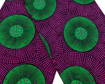African Ankara Wax Print Fabric by the yard, Pink & Green Circular Ankara, Bold Geometric Dot Pattern,  Statement Fabric for Dresses, crafts