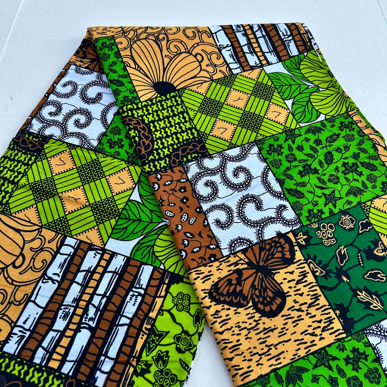 African Print Fabric, Beige Patches Tribal Print Fabric, Butterflies ...