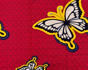 African Butterfly insects Print Fabric by the Yard, Red Ankara Wax Print Cotton, Colorful Fabric for Dresses, Quilts, crafts & Home Decor