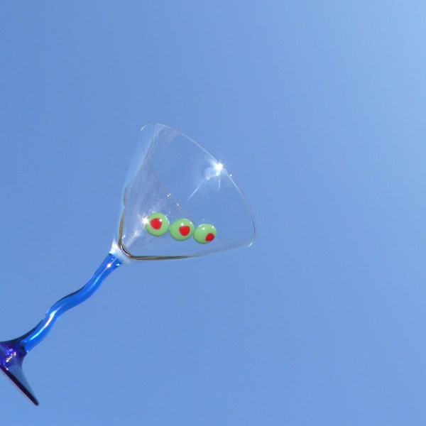 Blue Squiggle Stem Martini Glass with Olives