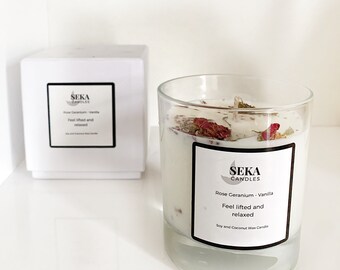 Rose Geranium and Vanilla Soy and Coconut Candle, Aromatherapy Vegan Soy and Coconut Wax Candle