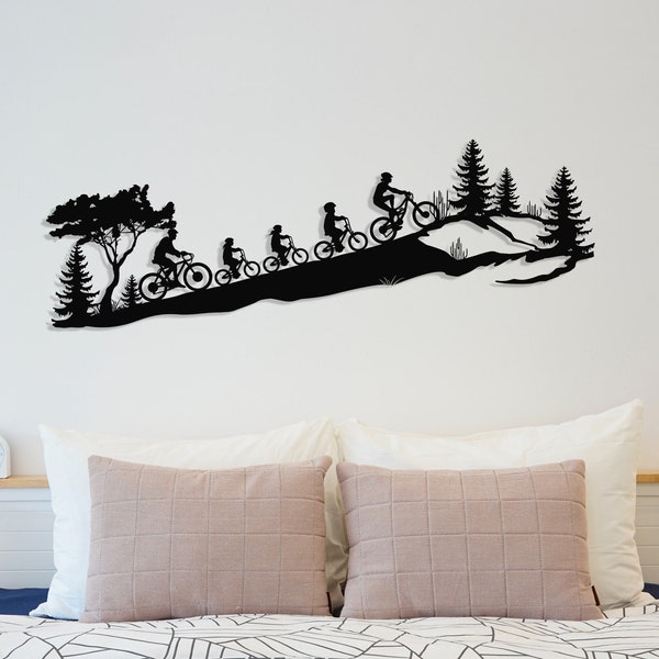 Family Bike, Metal Bikers Wall Art, Mountain Tree and Cyclists Wall Art, Landscape,Wall Hanging,Bicycle Lover Gift,Mountain Bikers Deco,D135