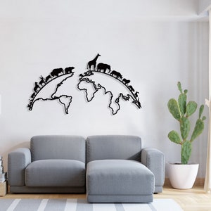 Metalen muurkunst wereldkaart, dierendecor, housewarmingcadeau, kaartmuurbord, reisdecor, woondecor, dieren muurhanger, cadeau voor thuis