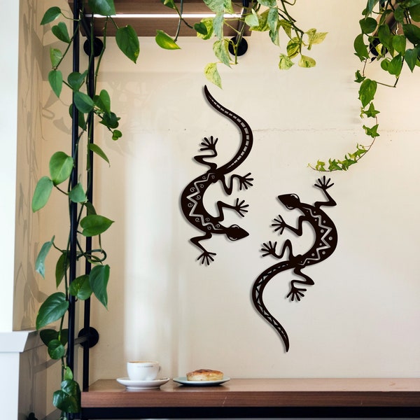 Art mural en métal, lézard, lot de deux geckos, signe d'animaux sauvages, décoration de salon, décoration d'intérieur, cadeau pour elle