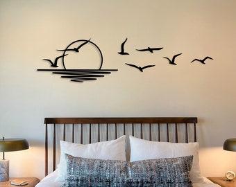 Metal Sunrise Seagull Wall Art: Coastal Garden Decor