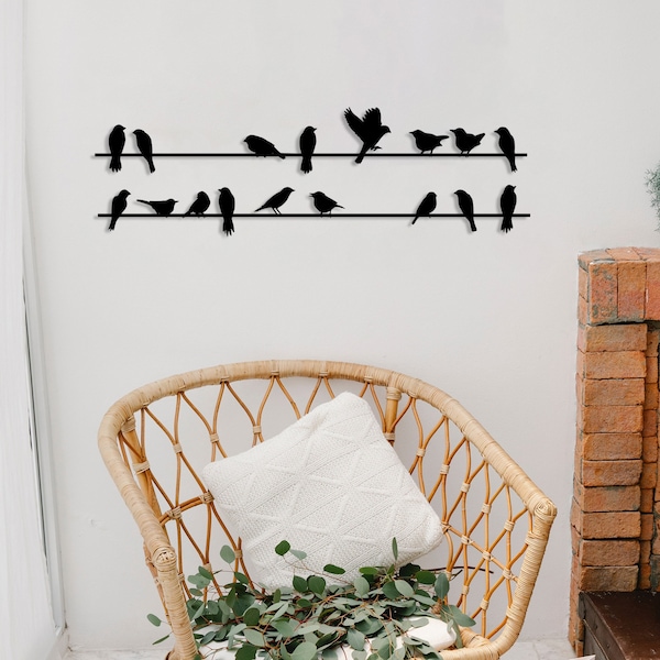 Metal Birds on Wire Wall Decor, Balcony Porch Art, Minimalist Bird Wall Sculpture