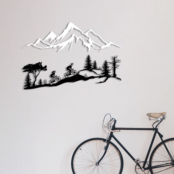 Metall Biker Wandkunst, Berg Baum und Radfahrer Wandkunst, Landschaft, Berg, Baum, Wandbehang, Fahrrad-Liebhaber Geschenk,Mountain Bikers Deco