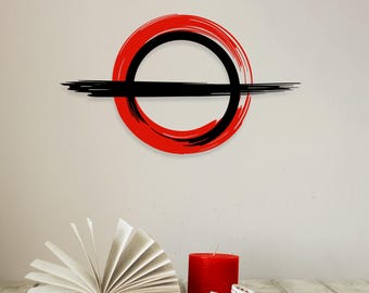 Red Black Circle Metal Wall Art, Japanese Modern Minimalist Decor, Abstract Geometric Sculpture