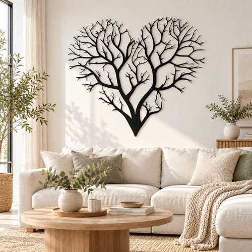 Arte mural de metal con forma de árbol corazón, escultura de amor inspirada en la naturaleza, decoración minimalista moderna.