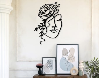Abstract Woman Metal Wall Art: Rose Decor, Modern Line Art