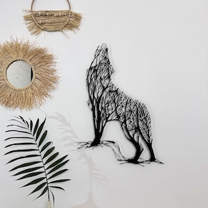 Minimalist Wolf Metal Wall Art: Tree Branch Design