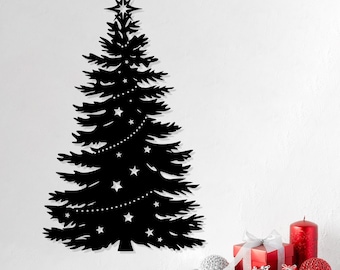 May include: Black silhouette of a Christmas tree with white stars and a string of lights. The tree is decorated with ornaments and candles.