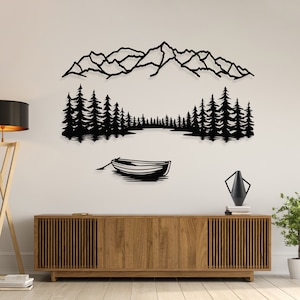 Metalen muurkunst bergmeer: decor natuurtafereel