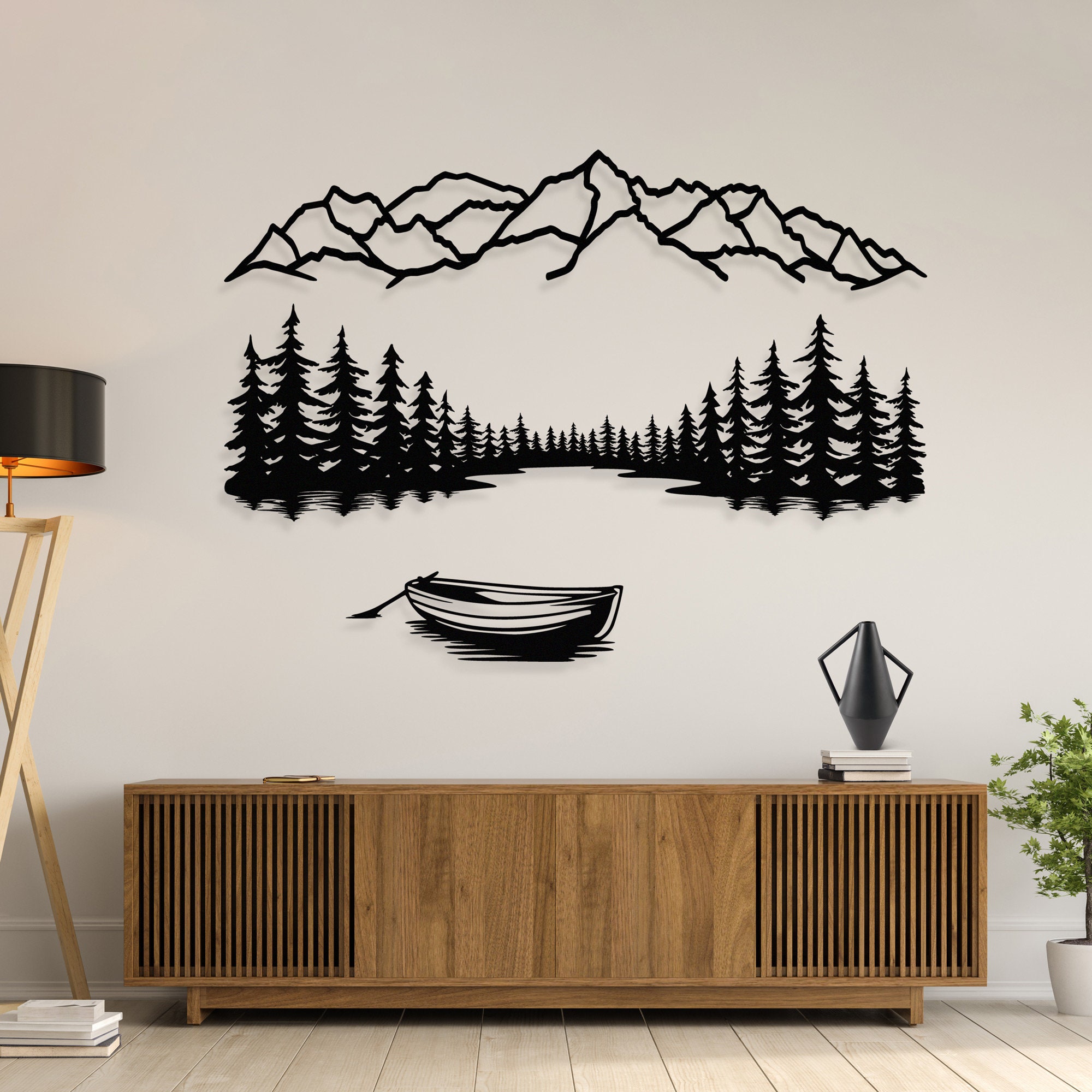 Décoration murale en métal, montagnes, arbres, lac et bateau, Silence of Nature : un environnement paisible avec ces oeuvres d'art murales en métal, décoration pour l'intérieur et l'extérieur