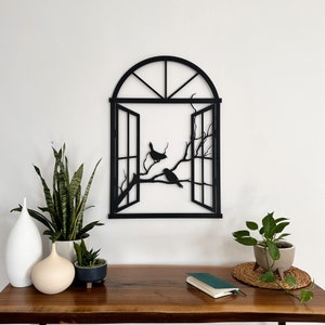 Metal wall art birds in the window landscape wall hanger, Spring metal decor Home gifts, Interior and outdoor sign, Garden decor wall art