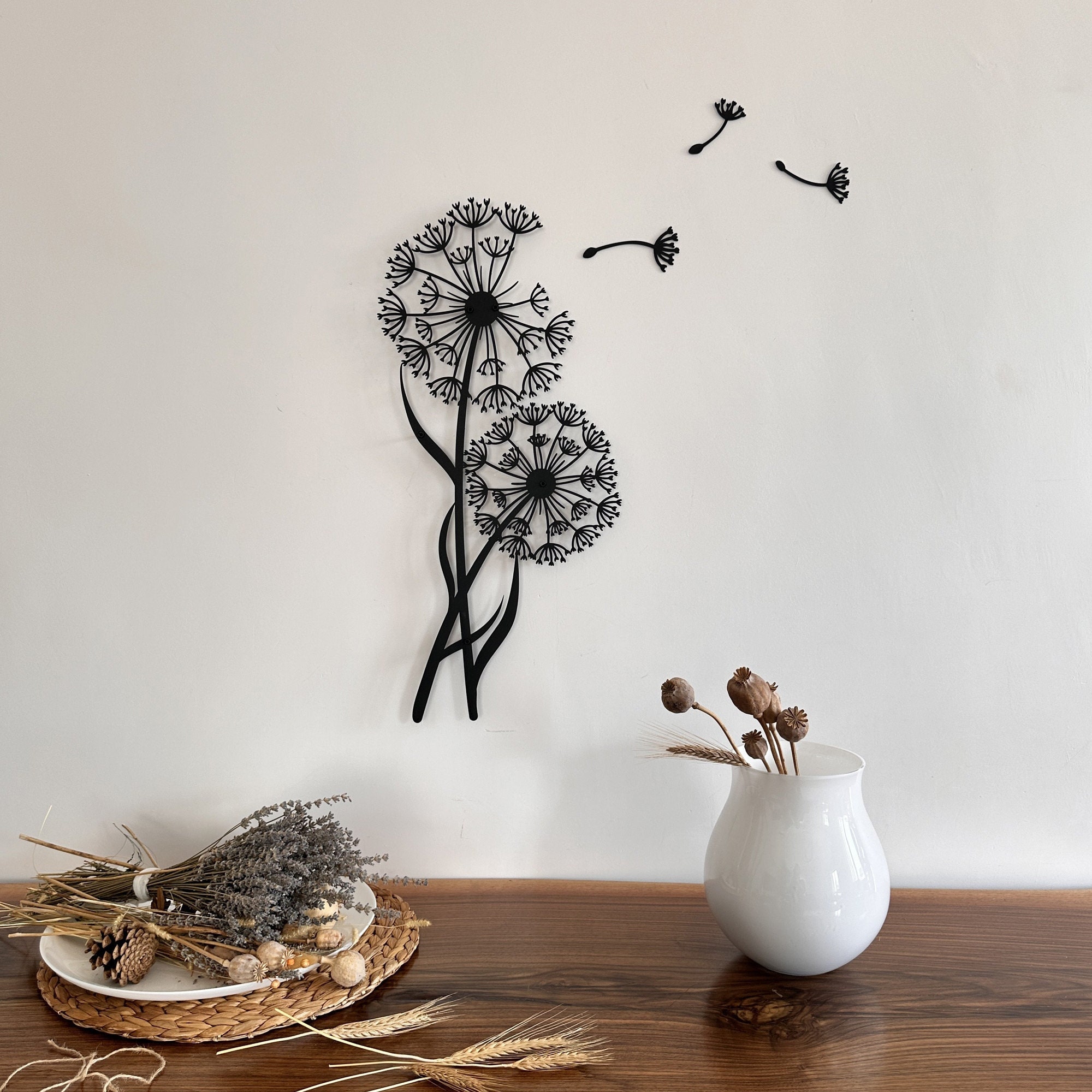 Metal Dandelion Wall Art: Floral Pusteblume Decor with Flying Seeds