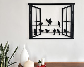 Birds in Window Metal Wall Art: Modern Home & Garden Decor