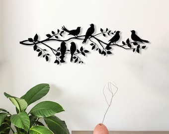Arte de pared de metal con pájaros, decoración de pájaros en ramas de árboles, letrero para exteriores y regalo para el hogar.