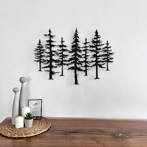 Decoración de pared de metal con paisaje de bosque de pinos largos, colgador de pared, decoración de oficina, letrero interior y exterior, letrero de jardín, regalo para la decoración del hogar.