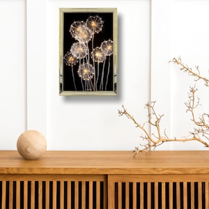 Dandelion Canvas Print: Gold & Silver Mirrored Frame, Black Background