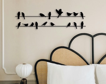 Metal Birds on Wire Wall Decor, Balcony Porch Art, Minimalist Bird Wall Sculpture