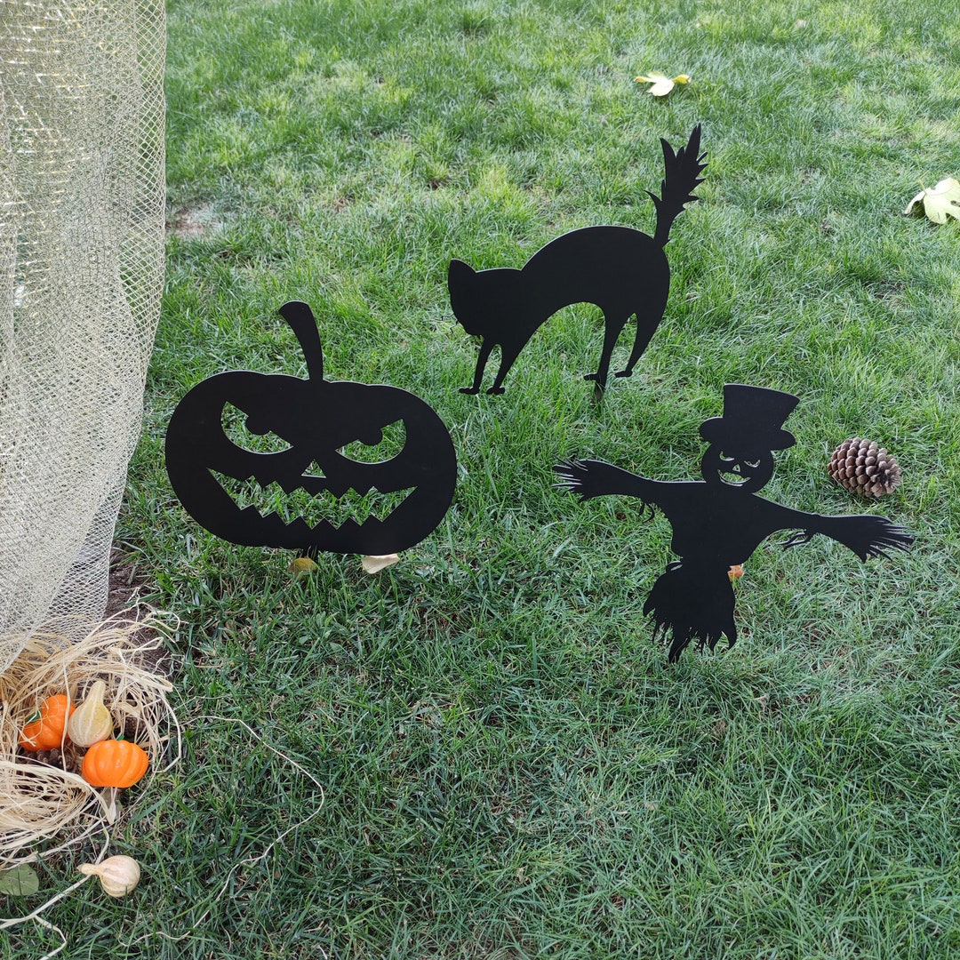 Halloween Garden Decorations, Triple Set Pumpkin Scarecrow Cat Metal