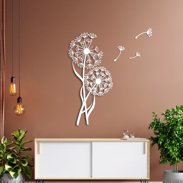 Diente de león con semillas voladoras arte de pared de metal, decoración floral de Pusteblume para interiores y exteriores, regalo del Día de las Madres