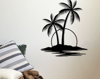 Sunrise Palm Tree Metal Wall Art: Indoor Outdoor Decor