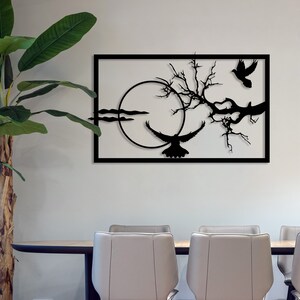 Tree Bird Full Moon Metal Wall Art: Landscape Silhouette Decor