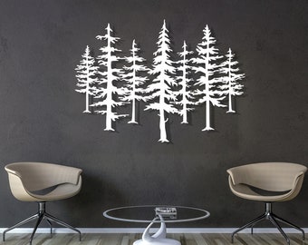 Metal Wall Art Pine Trees Decor, Lange Boslandschap Muurhanger, Interieur - Buitenbord, Moederdag Home decor cadeau, Boomkunst