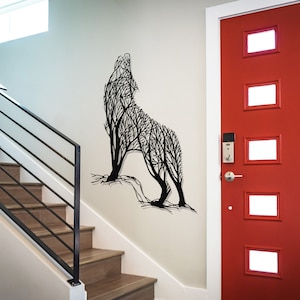 Decorazione da parete in metallo a forma di lupo, decorazione per la casa con albero raffigurante animali selvatici, gancio da parete minimalista a forma di lupo, cartello per interni ed esterni, regalo per papà