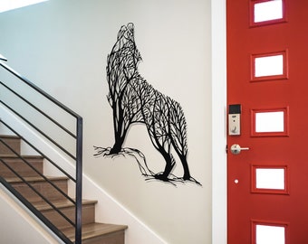 Wolf Metal Wall Art Decor, Wild Animals Tree Home Decoration, Minimalist Wolf Wall Hanger, For Wilderness Lovers, Interior - Outdoor Sign