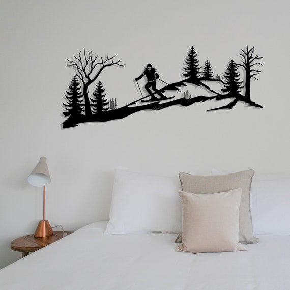 VALINSKY Art Mural Métal Ski - Décoration Montagne & Arbres - Idéal Cadeau Skieur - Style Moderne Intérieur Extérieur