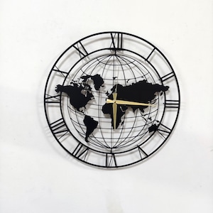 Reloj de Pared de Metal Moderno con Decoración de Mapa Mundial: Decoración Minimalista para Salón y Oficina. Regalo para decoración del hogar.