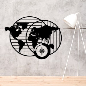 Mapa del mundo de metal para pared, decoración de pared de viaje, mundo con brújula, adornos de pared, regalos de oficina, decoración de sala de estudio, regalos para el lugar de trabajo