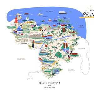Illustrated Map of Venezuela | Landscapes of Venezuela Print | Venezuela Wall Art