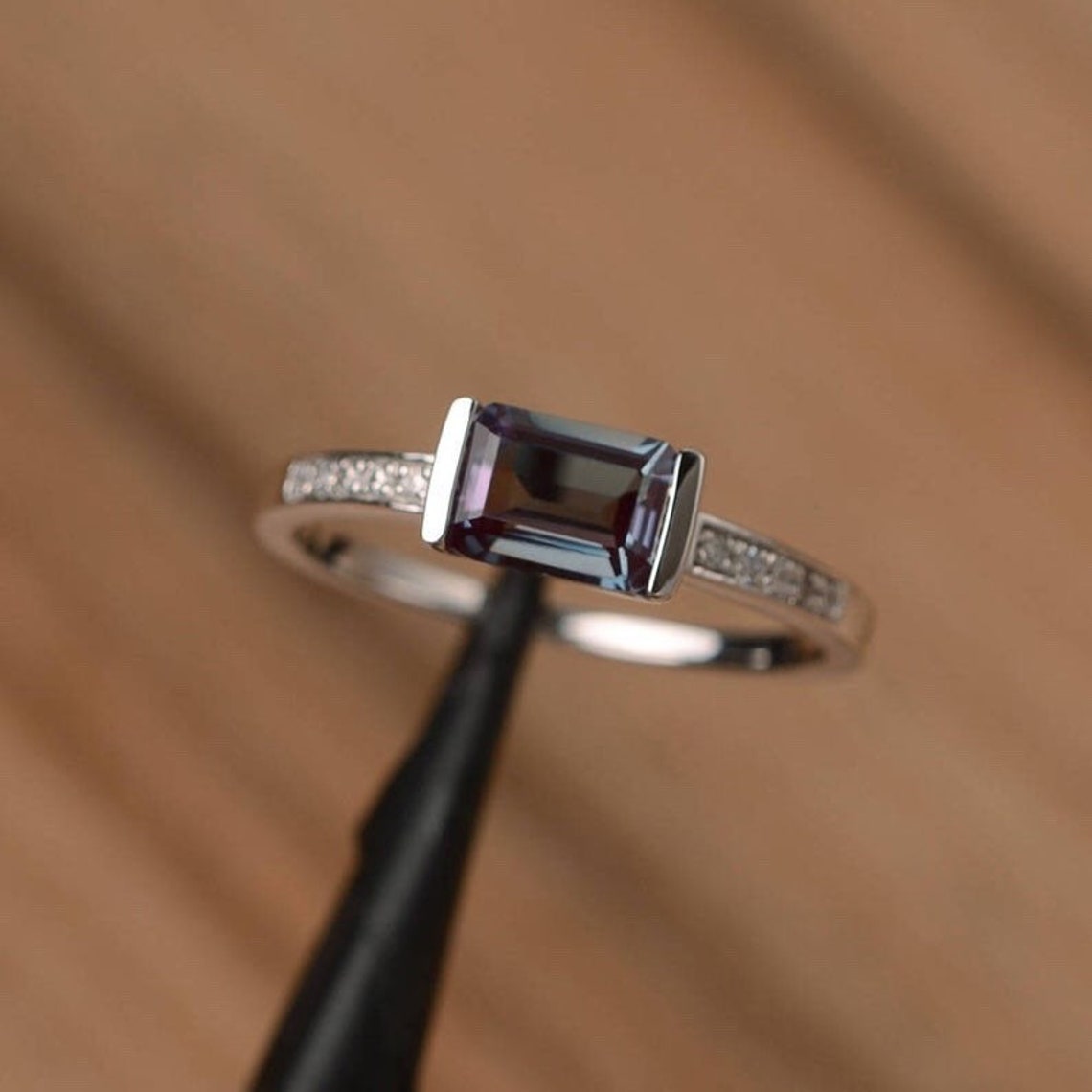 Alexandrite Ring Emerald Cut Color Changing June Birthstone Etsy