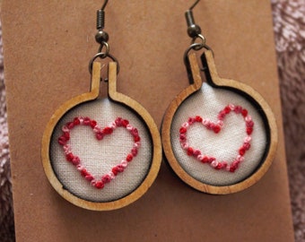 Hand Embroidered Earrings - Fun Heart Earrings for Valentines Day - French Knot - Festive Dangle Earrings - Unique Earrings - Embroidery Art