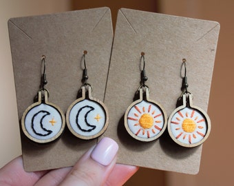 Hand Embroidered Earrings - Sun and Moon Earrings - Cute Mini Embroidery Hoop Earrings - Unique Dangle Earrings - Boho Hippie Celestial Ear